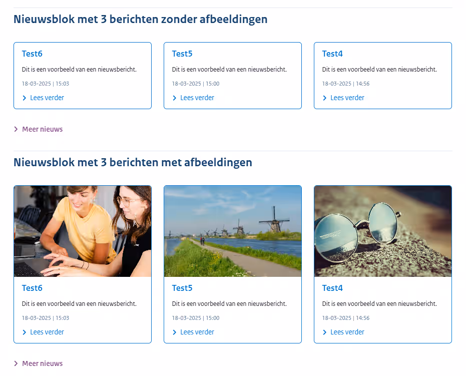 Screenshot van de nieuwsblokweergave op desktop met 3 berichten naast elkaar