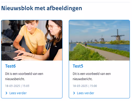Screenshot van de nieuwsblokweergave op tablets met 2 berichten naast elkaar